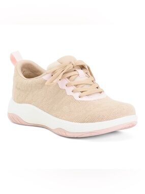 Alegria Knit Lace-Up Sneaker in Beige and Light Pink